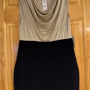Express Two-Tone Draped Neck Bodycon Dress in Beige and Black size large NWT
